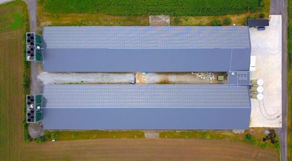 Luftaufnahme zeigt landwirtschaftlichen Betrieb mit hellblauem Hallendach